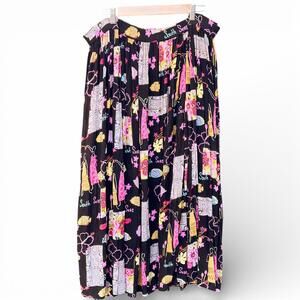 Vintage Black Vacation Print Flowy Plus Size Rayon Maxi Skirt